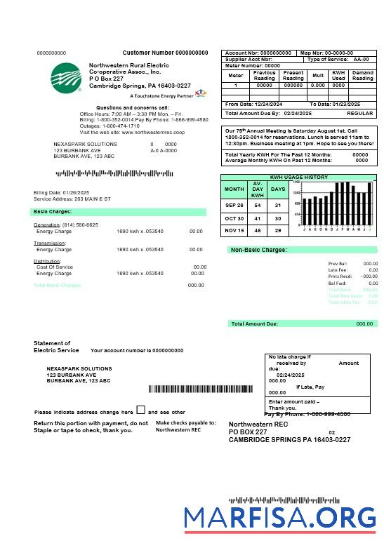 Realistic USA Northwestern Rural Electric business utility bill template, fully editable in Word and PDF formats